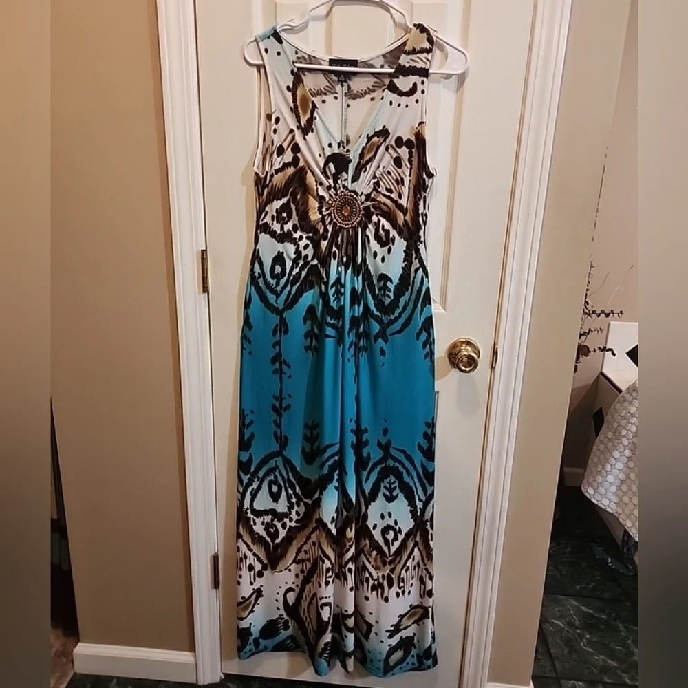 Kathy Roberts Maxi Dress 12 Stretch Knit Beaded Gathered Sleeveless Boho - Picture 1 of 6